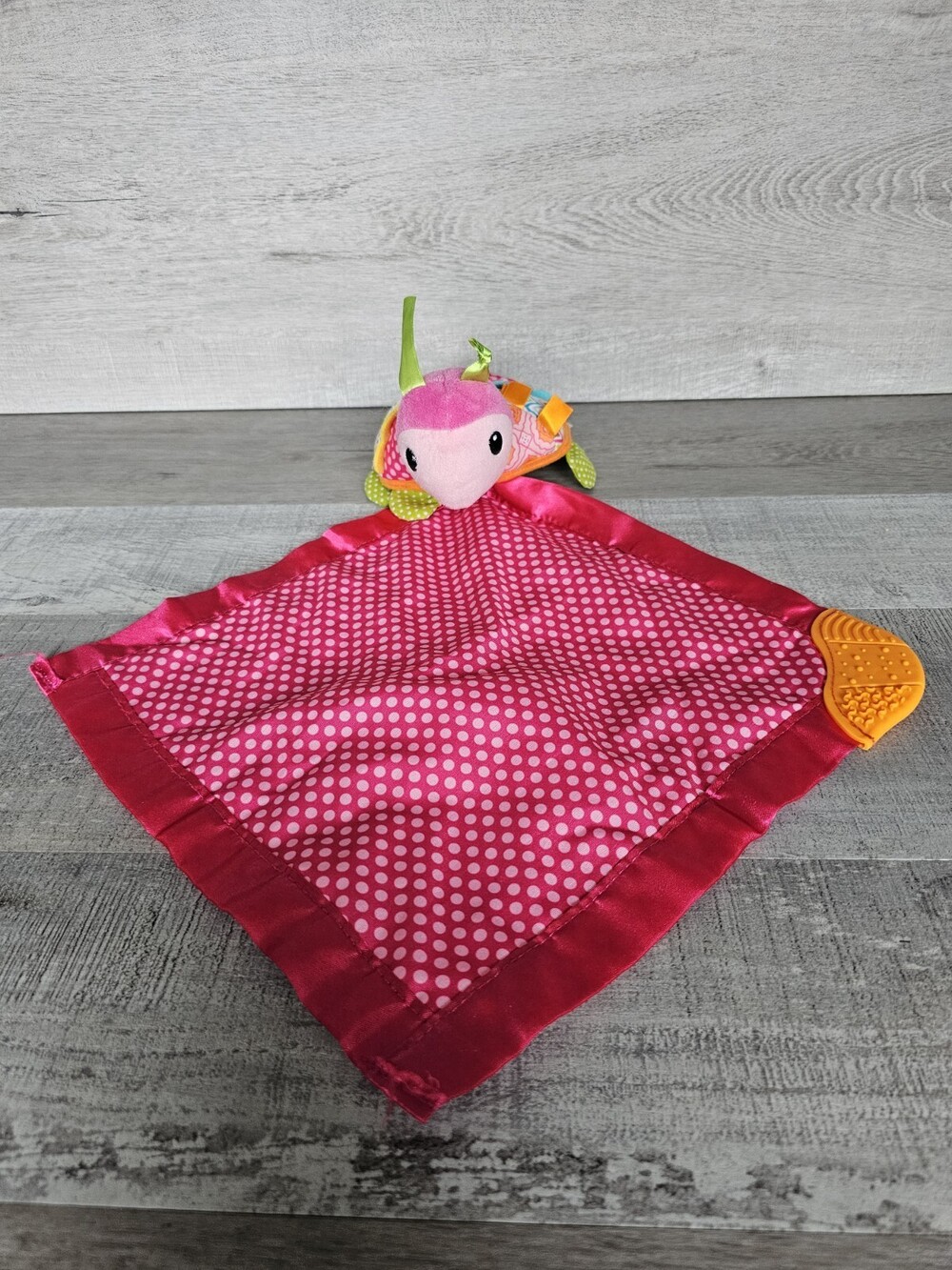 Infantino Turtle Baby Lovey Pink Minky Patchwork Satin Rattle Teether Krinkle